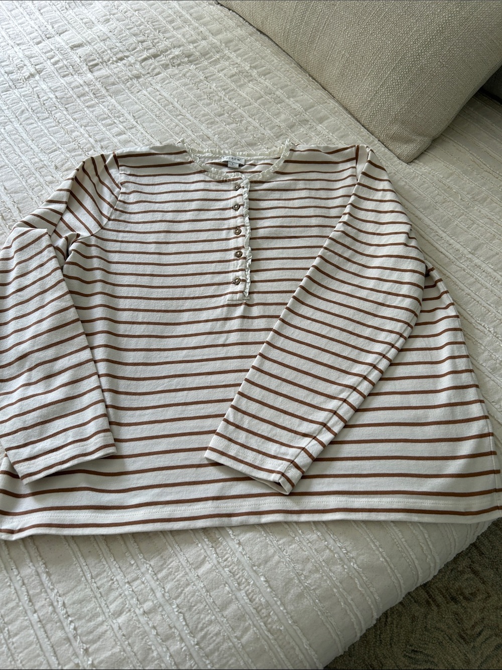 J Crew Factory Honey Striped Long Sleeved Ruffled Tee Size L